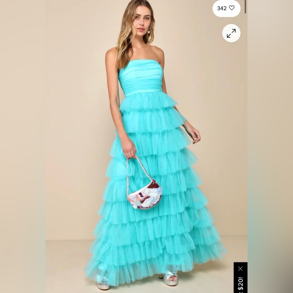 Lulus Fabulous Existence Teal Green Tulle Strapless Tiered Maxi Dress XS NWT
